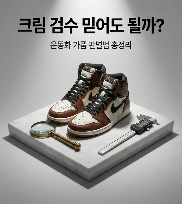 크림 검수 시스템과 운동화 정가품 판별법을 상징하는 돋보기와 조던 1 운동화 썸네일