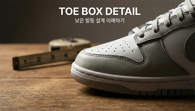 나이키 덩크 로우의 낮은 토박스 부분 가죽 질감을 강조한 매크로 촬영 이미지