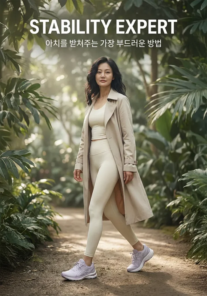 아식스 젤 카야노 32를 착용하고 무릎 통증 걱정 없이 걷는 시니어 모델