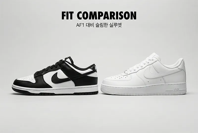 나이키 덩크 로우와 에어포스 1 모델을 나란히 배치하여 크기를 비교하는 사진