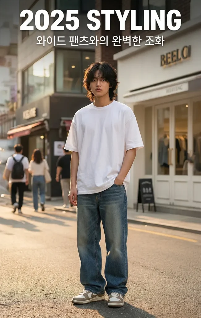 와이드 데님 팬츠 밑단 아래로 살짝 보이는 나이키 덩크 로우 스타일링