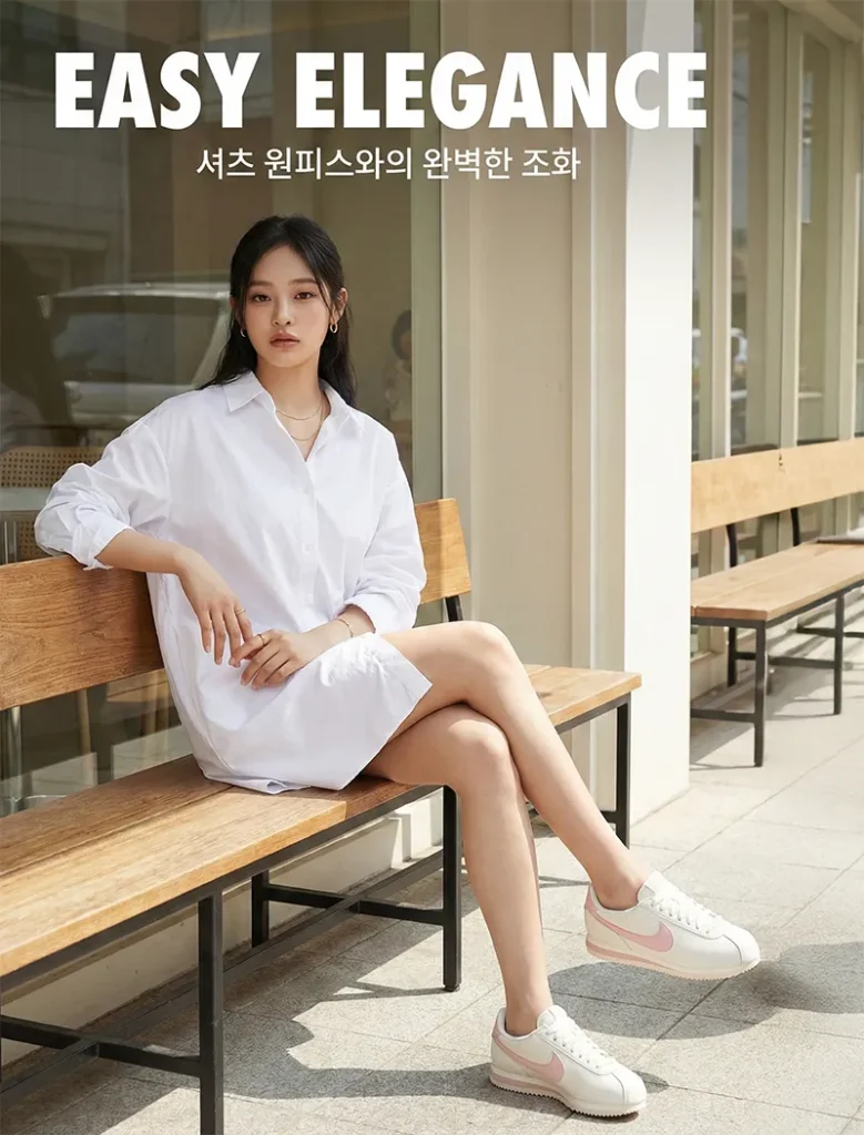 화이트 셔츠 원피스와 나이키 코르테즈 세일 컬러를 매치한 여성 미니멀 패션
