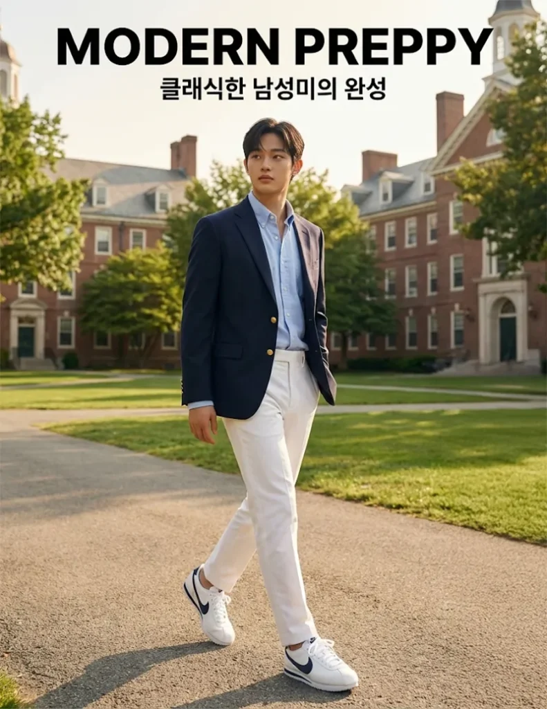 네이비 블레이저와 화이트 팬츠에 나이키 코르테즈를 매치한 남성 프레피룩 코디