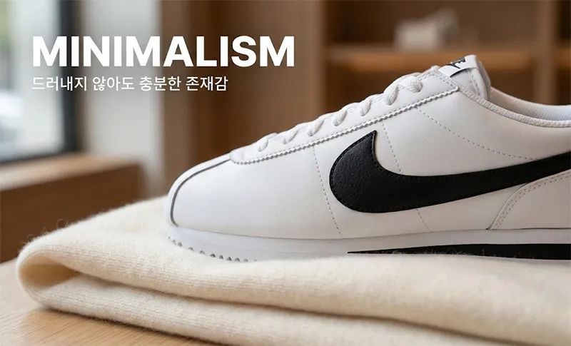 나이키 코르테즈 옆면의 작은 로고와 가죽 질감을 강조한 감성적인 제품 사진