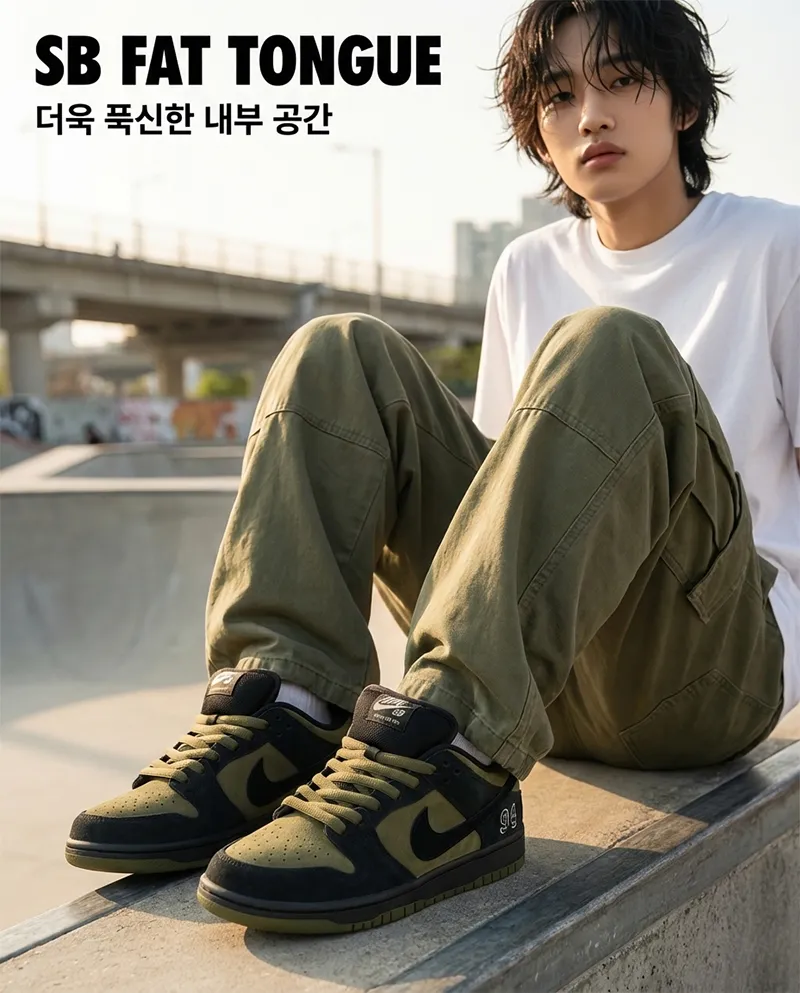 나이키 SB 덩크 로우의 두꺼운 설포 디테일을 보여주는 착용 사진