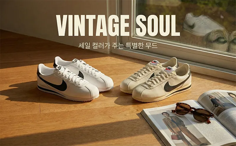 나이키 코르테즈 화이트 모델과 빈티지한 세일 컬러 모델 비교 사진