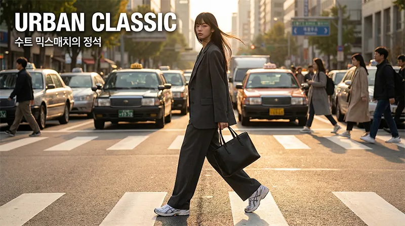 그레이 셋업 수트에 아식스 젤 1130을 믹스매치한 세련된 비즈니스 캐주얼 룩