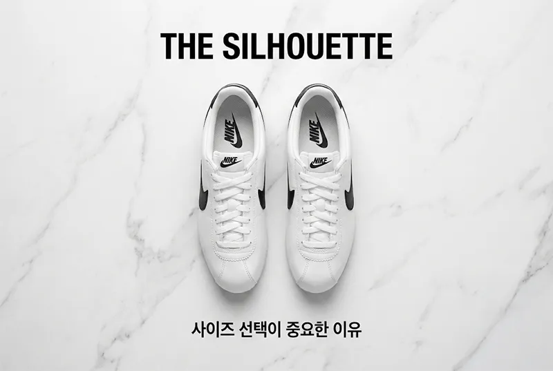 위에서 내려다본 나이키 코르테즈의 좁은 발볼과 날렵한 쉐입 디자인