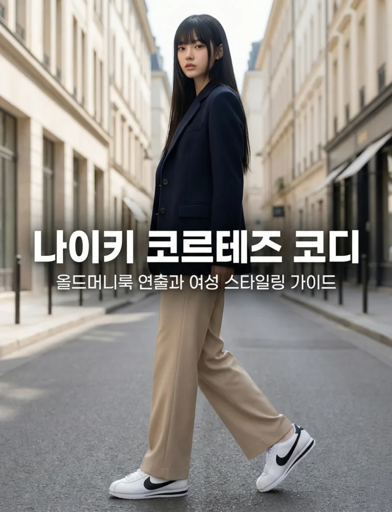 나이키 코르테즈 화이트 블랙 모델을 착용한 여성의 세련된 올드머니룩 스타일링