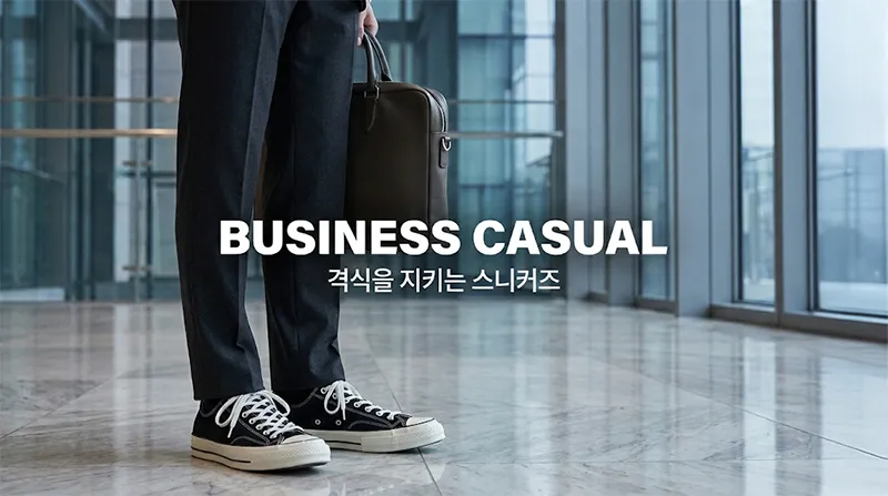 검정 슬랙스와 척 70 블랙 로우를 매치한 비즈니스 캐주얼 스타일