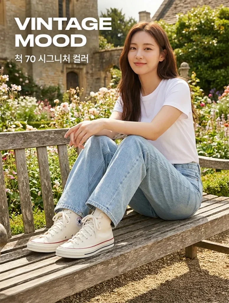 파치먼트 컬러 척 70 하이탑과 연청 바지를 활용한 봄 코디
