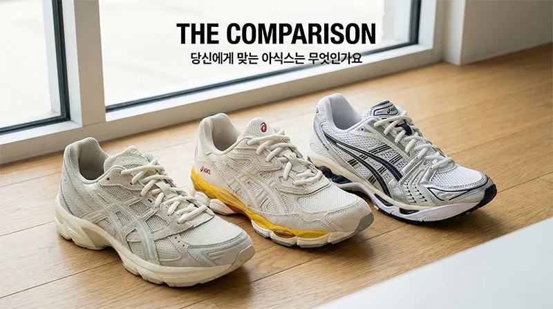 아식스 젤 NYC, 젤 카야노 14, 젤 1130 모델의 디자인 및 실루엣 비교 사진