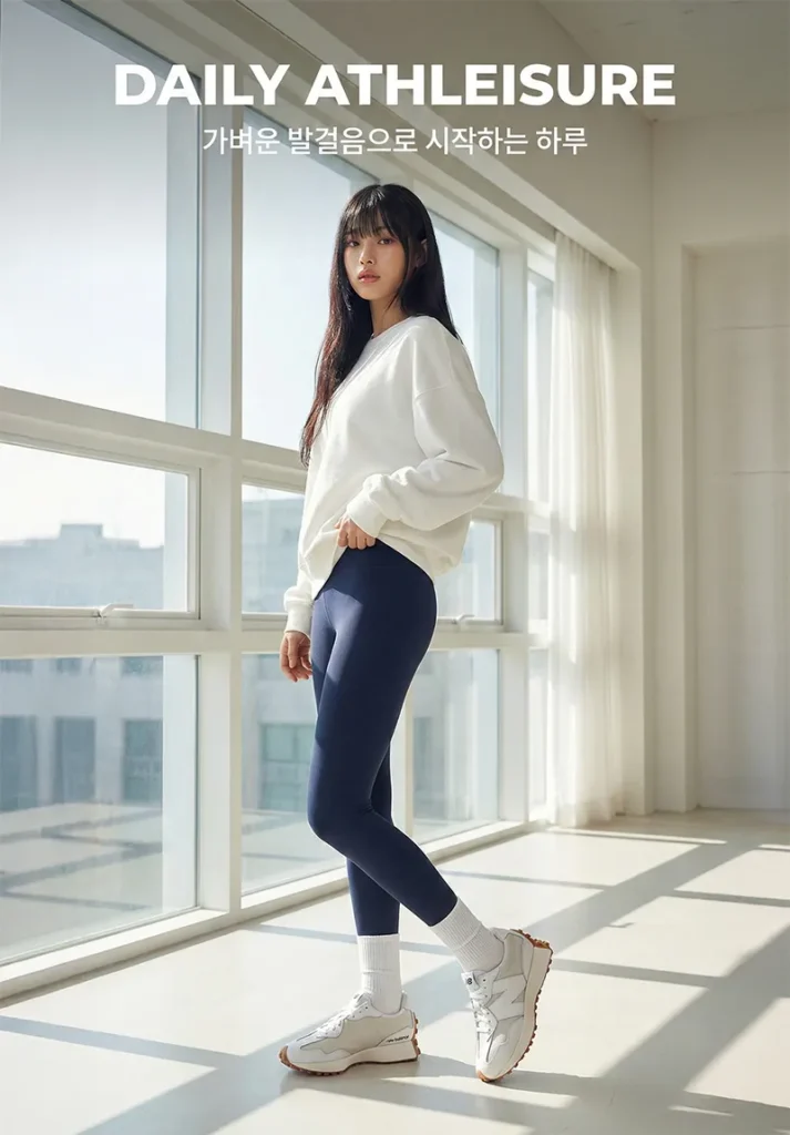 짙은 네이비 레깅스에 화이트 문빔 컬러의 뉴발란스 327을 착용한 여성 애슬레저 스타일